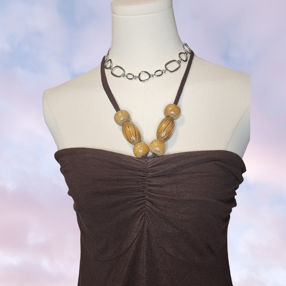 Vtg Y2k Moda Intl Brown Beach Cover Up Preppy Halter Mini Short Dress Top Sz M - Picture 2 of 6